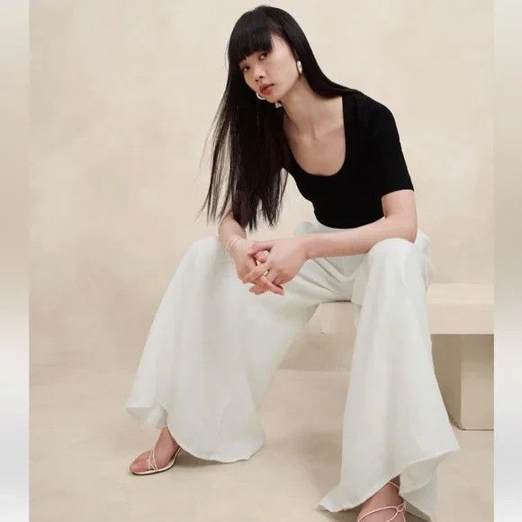 Banana Republic Lina Linen High Rise Pants Super Wide Flood Legs White - Picture 4 of 16